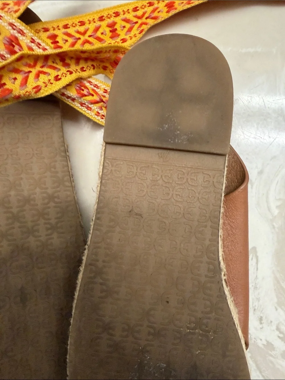 Sam Edelman Brown Leather Espadrille Sandals with Yellow Patterned Wrap Straps